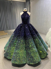 Navy Blue Green Sequins Halter Prom Dress