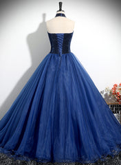 Navy Blue High Neckline Tulle Long Formal Dress, Navy Blue Ball Gown Party Dress