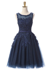 Navy Blue Lace Short Beaded Homecoming Dresses