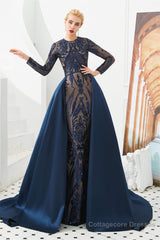 Long Sleeves Mermaid Detachable Train Prom Dresses with Train Sequined