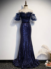 Navy Blue Mermaid Off the Sholuder Shoulder Prom Dress