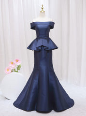 Navy Blue Mermaid Satin Off the Shoulder Prom Dresses