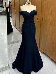 Navy Blue Mermaid Spandex Off Shoulder Party Dresses, Navy Blue Prom Dresses