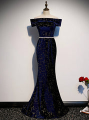 Navy Blue Mermaid Velvet Off the Shoulder Beading Prom Dresses