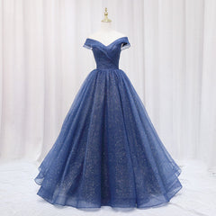 Navy Blue Off Shoulder Shiny Tulle Floor Length Prom Dresses, Blue Prom Dresses