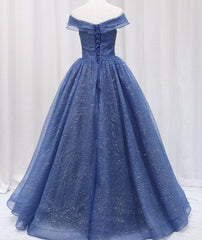 Navy Blue Off Shoulder Shiny Tulle Floor Length Prom Dresses, Blue Prom Dresses