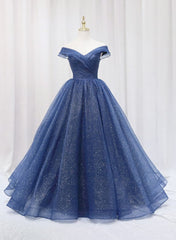 Navy Blue Off Shoulder Shiny Tulle Floor Length Prom Dresses, Blue Prom Dresses