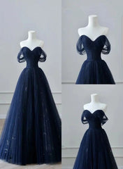 Navy Blue Prom Dresses Tulle Off Shoulder Sweetheart Party Dresses