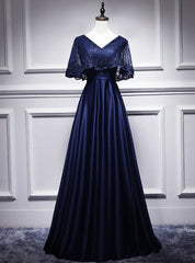 Navy Blue Satin Lace V-neck Bat Pearls Prom Dress