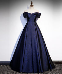 Navy Blue Satin Off Shoulder Long Prom Dresses, Blue A-line Formal Dresses, Evening Dresses