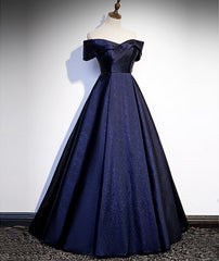 Navy Blue Satin Off Shoulder Long Prom Dresses, Blue A-line Formal Dresses, Evening Dresses