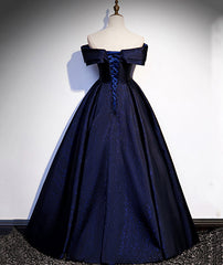 Navy Blue Satin Off Shoulder Long Prom Dresses, Blue A-line Formal Dresses, Evening Dresses