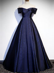 Navy Blue Satin Off Shoulder Long Prom Dresses, Blue A-line Formal Dresses, Evening Dresses