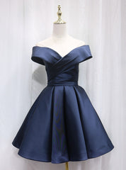 Navy Blue Satin Off the Shoulder Homecoming Dresses