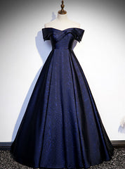 Navy Blue Satin Off the Shoulder Prom Dresses