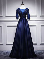 Navy Blue Satin Short Sleeve Appliques Beading Prom Dresses