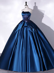 Navy Blue Satin Strapless Appliques Quinceanera Dresses