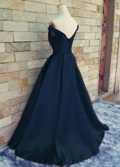 Navy Blue Satin Sweetheart A-line Handmade Formal Dresses, Blue Long Prom Dresses