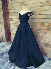 Navy Blue Satin Sweetheart A-line Handmade Formal Dresses, Blue Long Prom Dresses