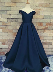 Navy Blue Satin Sweetheart A-line Handmade Formal Dresses, Blue Long Prom Dresses