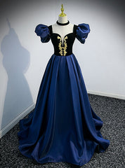 Navy Blue Satin Sweetheart Prom Dresses