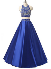 Navy Blue Satin Two Piece Halter Backless Prom Dresses