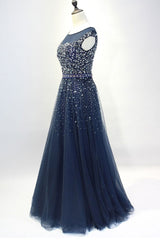 Navy Blue Shiny Sequins Round Neckline Tulle Party Dresses, A-line Tulle Blue Evening Dresses Prom Dresses