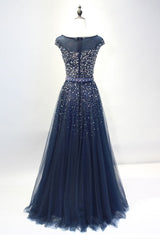 Navy Blue Shiny Sequins Round Neckline Tulle Party Dresses, A-line Tulle Blue Evening Dresses Prom Dresses