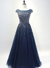 Navy Blue Shiny Sequins Round Neckline Tulle Party Dresses, A-line Tulle Blue Evening Dresses Prom Dresses