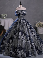 Navy Blue Silver Sequins Off the Shoulder Quinceanera Dresses