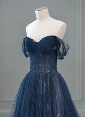 Navy Blue Sweetheart Off Shoulder Tulle Prom Dresses, A-line Tulle Formal Dresses