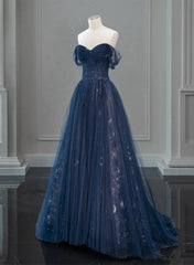 Navy Blue Sweetheart Off Shoulder Tulle Prom Dresses, A-line Tulle Formal Dresses