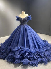 Navy Blue Tulle Ball Gown Beading Prom Dresses