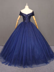 Navy Blue Tulle Beaded Ball Gown Sweet 16 Dress, Blue Tulle Prom Dress Party Dress