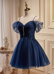 Navy Blue Tulle Beaded Short Prom Dress, Blue Tulle Off Shoulder Homecoming Dress