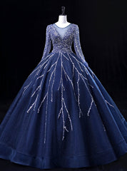 Navy Blue Tulle Beading Long Sleeve Quinceanera Dresses