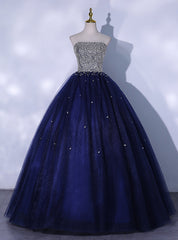 Navy Blue Tulle Beading Sequins Quinceanera Dresses