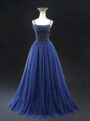 Navy Blue Tulle Beading Spaghetti Straps Prom Dresses