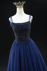 Navy Blue Tulle Beads Long A-Line Prom Dresses, Elegant Spaghetti Strap Backless Evening Dresses