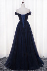 Navy Blue Tulle Long Party Dresses, Simple Off Shoulder Blue Bridesmaid Dresses