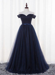 Navy Blue Tulle Long Party Dresses, Simple Off Shoulder Blue Bridesmaid Dresses