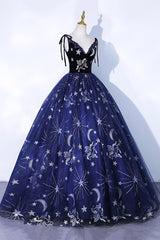 Navy Blue Tulle Long Prom Dresses, Spaghetti Straps Lace Flower Backless Formal Dresses