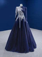 Navy Blue Tulle Long Sleeve High Neck Beading Prom Dresses