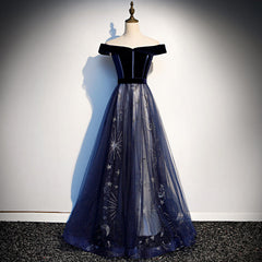 Navy Blue Tulle Off Shoulder Velvet Top Long Party Dress, Blue Evening Dress Prom Dress