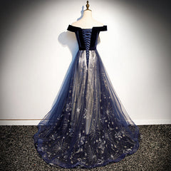 Navy Blue Tulle Off Shoulder Velvet Top Long Party Dress, Blue Evening Dress Prom Dress