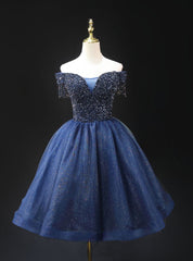 Navy Blue Tulle Off the Shoulder Homecoming Dresses