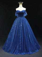 Navy Blue Tulle Off the Shoulder Pleats Prom Dresses