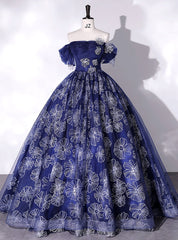 Navy Blue Tulle Off the Shoulder Quinceanera Dresses