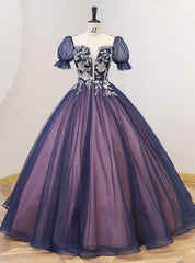 Navy Blue Tulle Puff Sleeve Beading Quinceanera Dresses