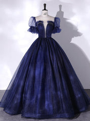 Navy Blue Tulle Puff Sleeve Pleats Beading Quinceanera Dresses